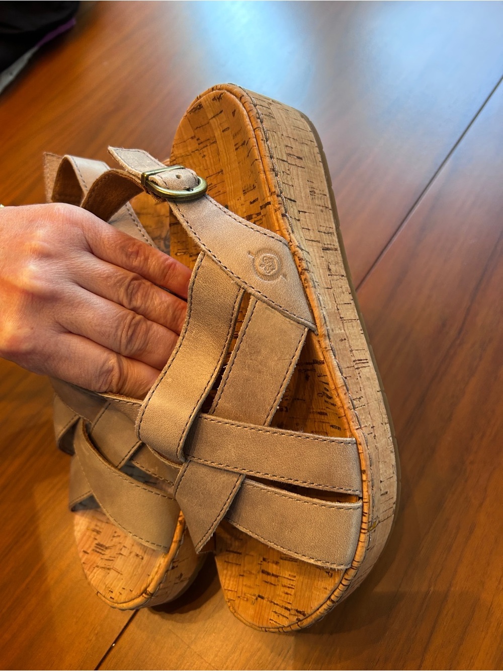 Born Women's size 7 Taupe Crisscross Cork Wedge Sandals - Picture 6 of 8